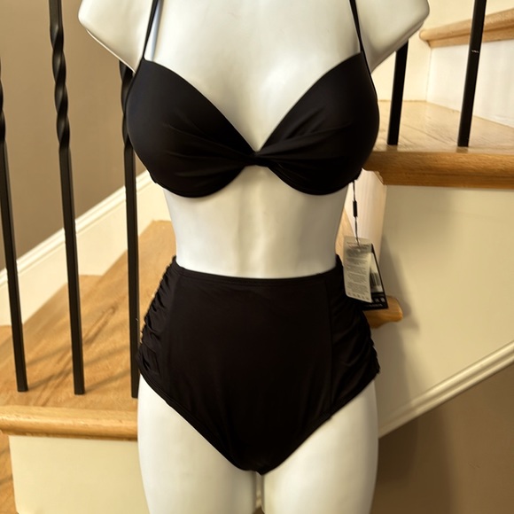 NEW with tags two piece full coverage black bikini high waist padded ruched side - Picture 2 of 7